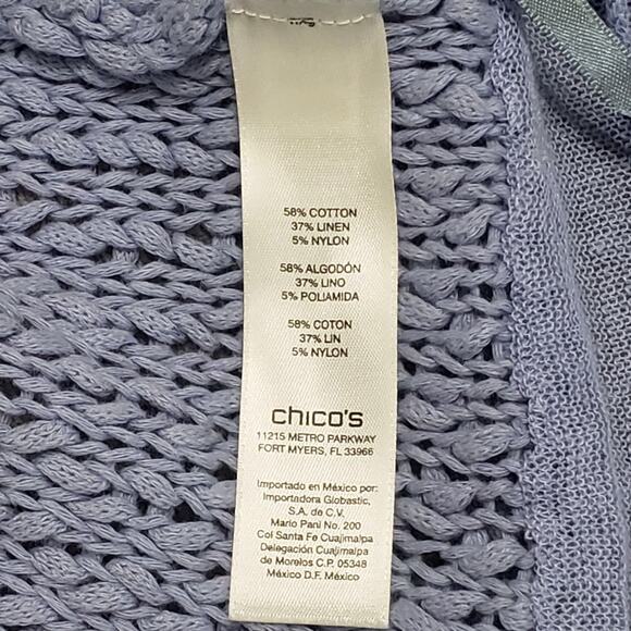 Chico's Periwinkle Blue Cotton Linen Open Knit Mesh Cardigan Sz Large (2) Summer - Picture 8 of 13